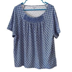 Talbots Blue & White Floral Print Smocked Neckline Top – Women’s XL